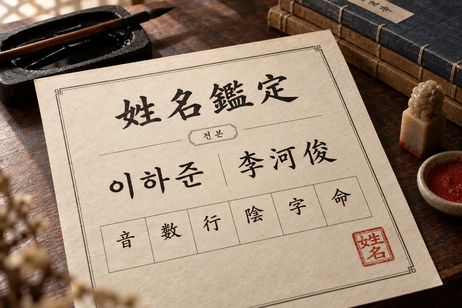 이하준의 이름과 여섯 평가 기준을 담은 한지 감정서 견본, 붉은 낙관과 인장
